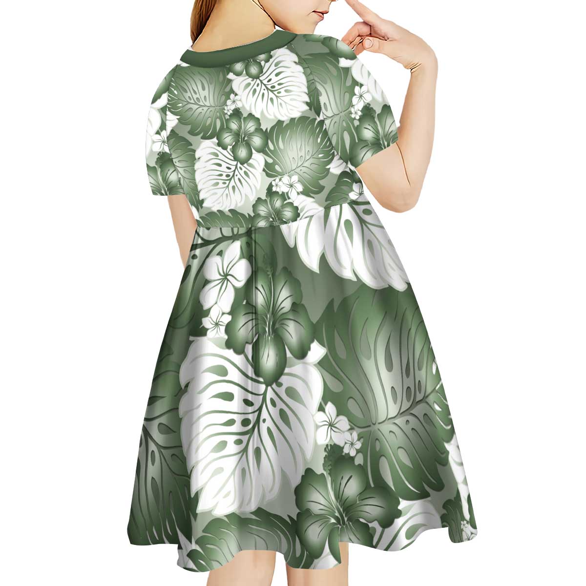 Sage Green Aloha Hawaii Kid Short Sleeve Dress Monstera Hibiscus Plumeria Seamless Vibes LT14 - Polynesian Pride
