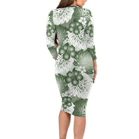 Sage Green Aloha Hawaii Long Sleeve Bodycon Dress Monstera Hibiscus Plumeria Seamless Vibes LT14 - Polynesian Pride