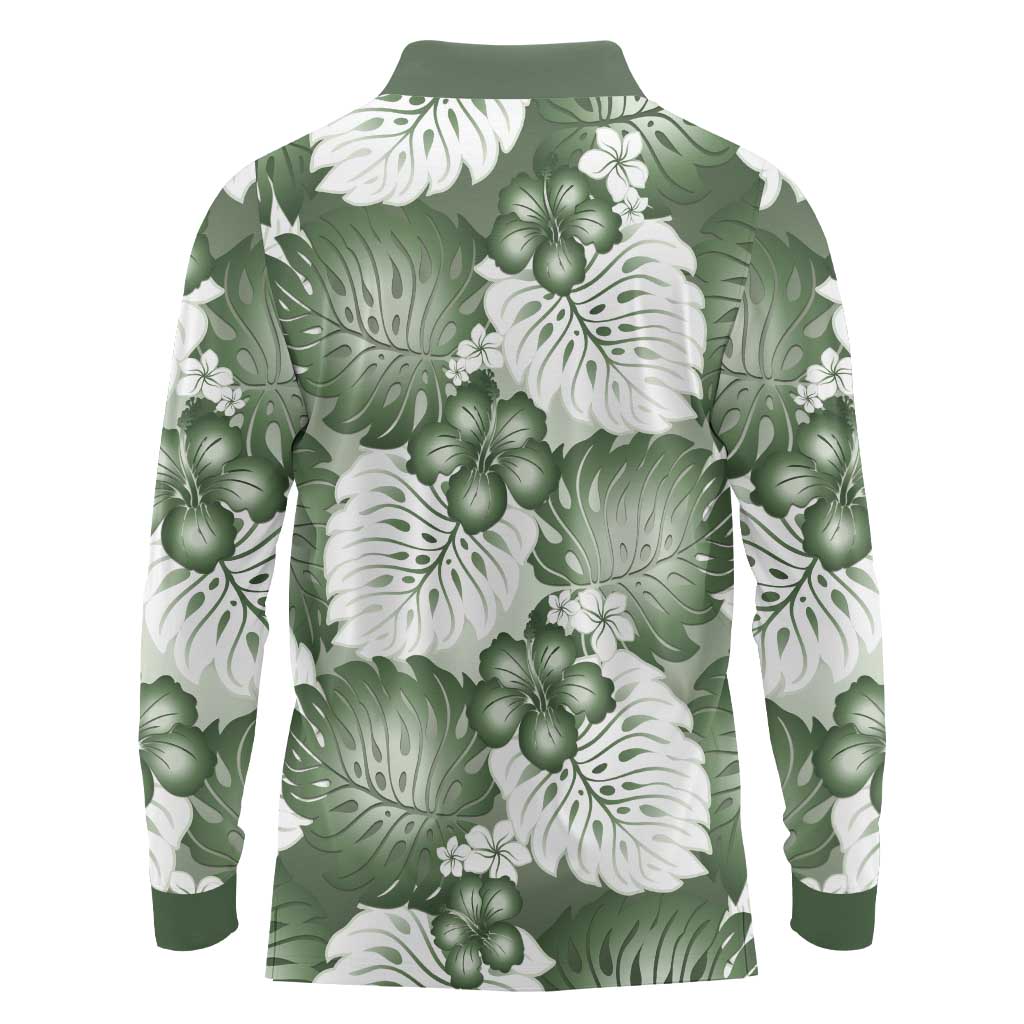 Sage Green Aloha Hawaii Long Sleeve Polo Shirt Monstera Hibiscus Plumeria Seamless Vibes LT14 - Polynesian Pride