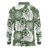 Sage Green Aloha Hawaii Long Sleeve Polo Shirt Monstera Hibiscus Plumeria Seamless Vibes LT14 - Polynesian Pride