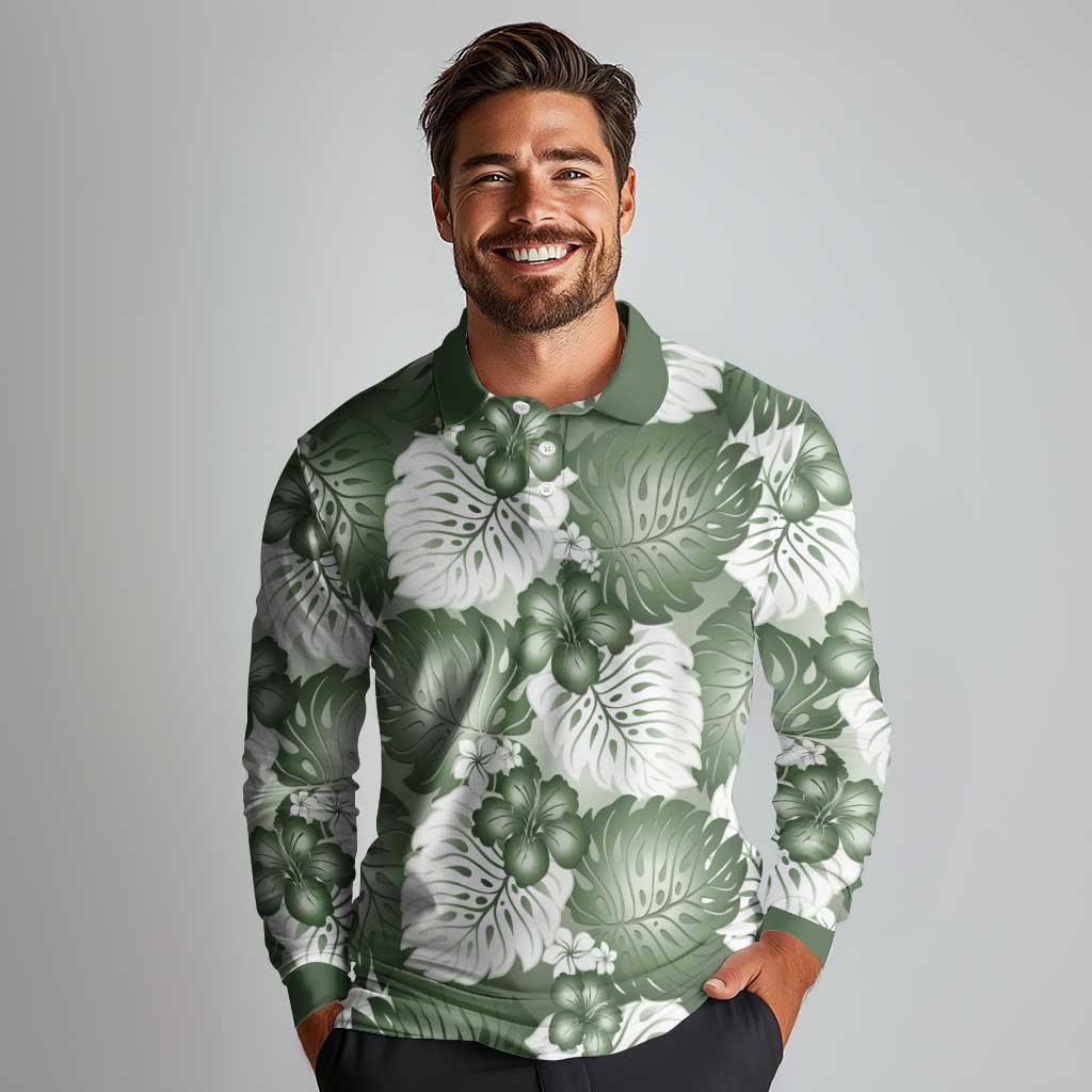 Sage Green Aloha Hawaii Long Sleeve Polo Shirt Monstera Hibiscus Plumeria Seamless Vibes LT14 - Polynesian Pride