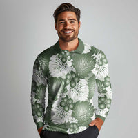 Sage Green Aloha Hawaii Long Sleeve Polo Shirt Monstera Hibiscus Plumeria Seamless Vibes LT14 - Polynesian Pride