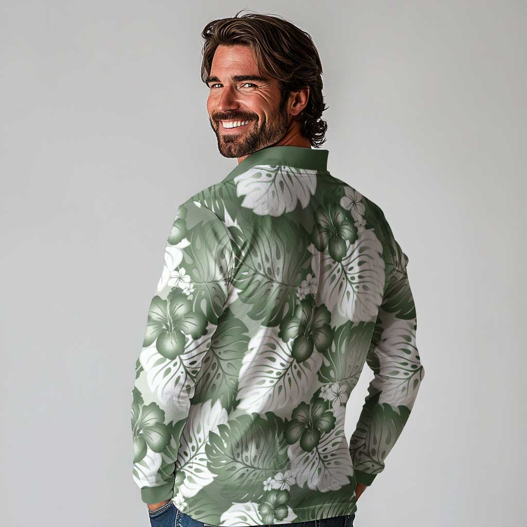 Sage Green Aloha Hawaii Long Sleeve Polo Shirt Monstera Hibiscus Plumeria Seamless Vibes LT14 - Polynesian Pride