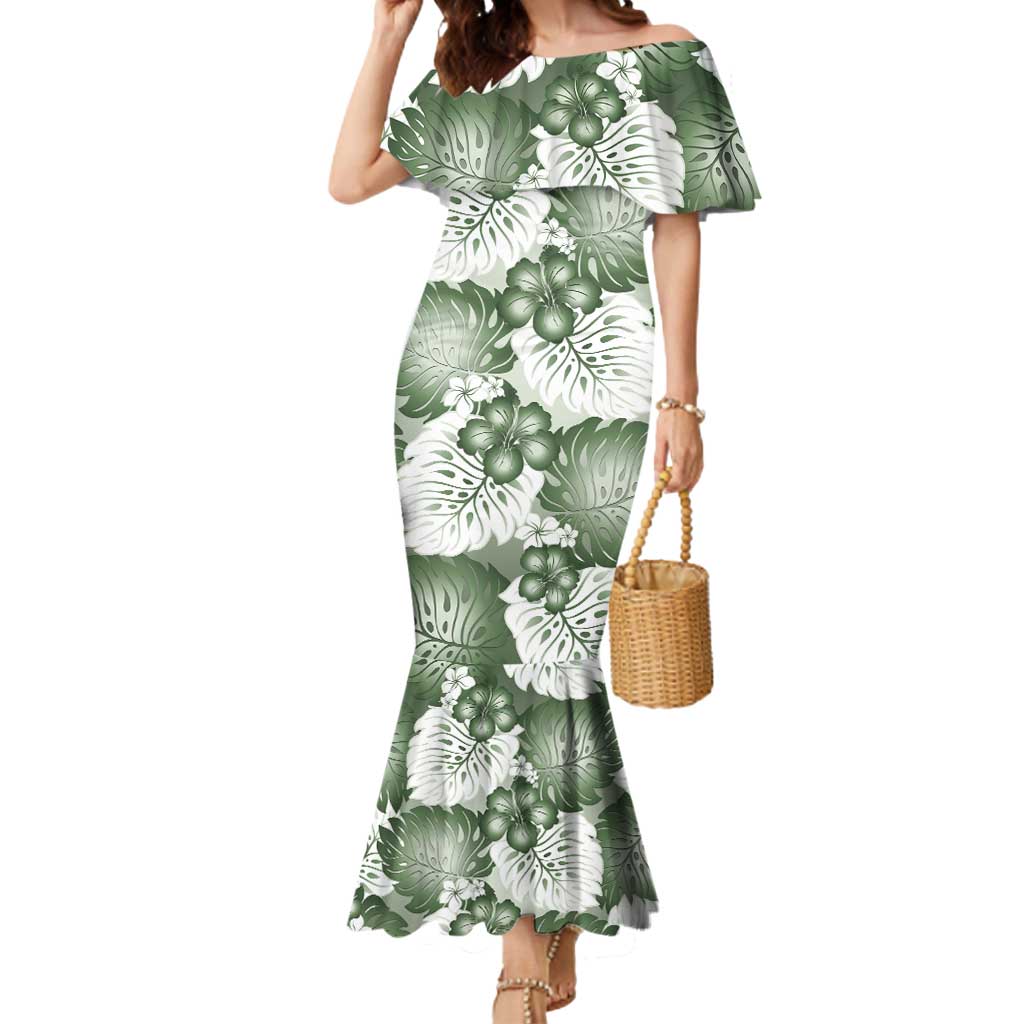 Sage Green Aloha Hawaii Mermaid Dress Monstera Hibiscus Plumeria Seamless Vibes LT14 Women Sage Green - Polynesian Pride