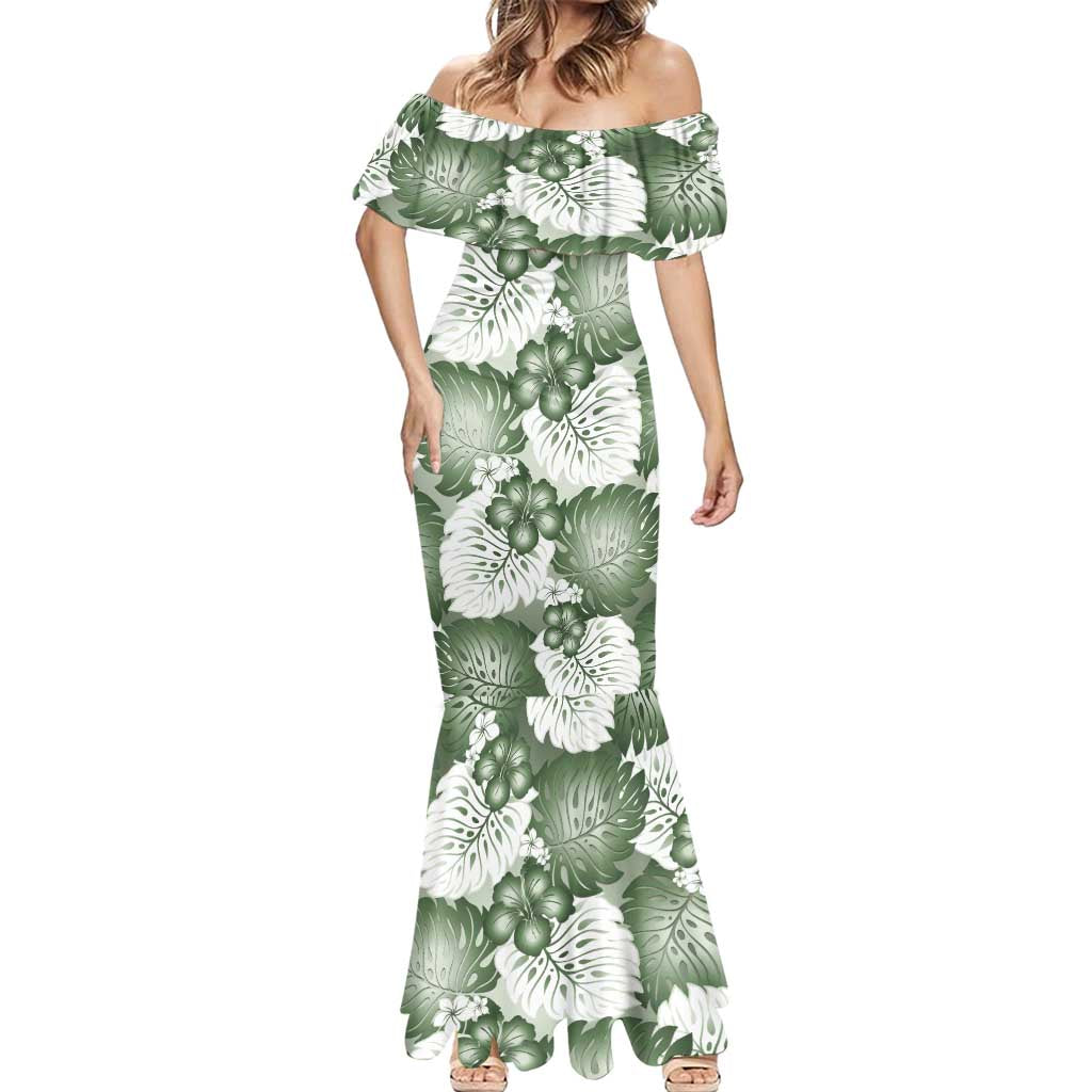 Sage Green Aloha Hawaii Mermaid Dress Monstera Hibiscus Plumeria Seamless Vibes LT14 - Polynesian Pride
