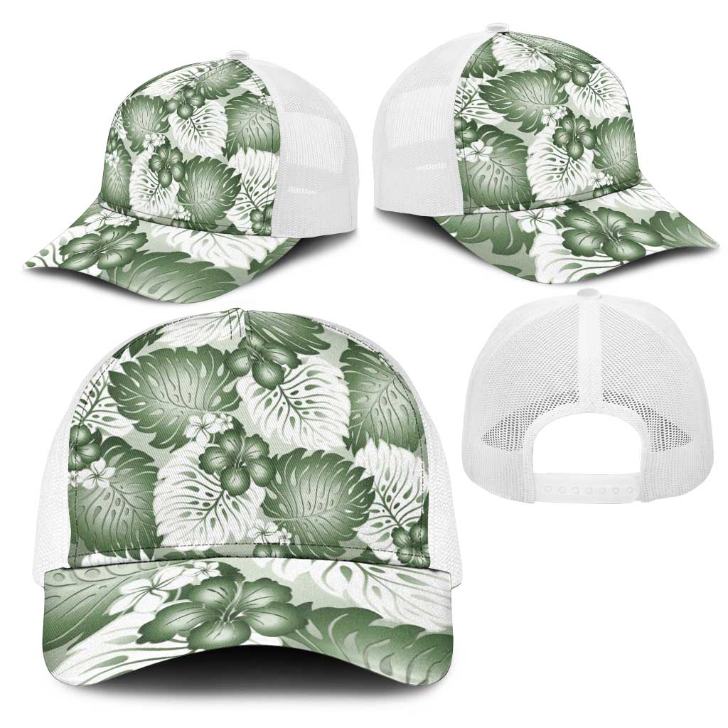 Sage Green Aloha Hawaii Mesh Trucker Cap Monstera Hibiscus Plumeria Seamless Vibes - Polynesian Pride