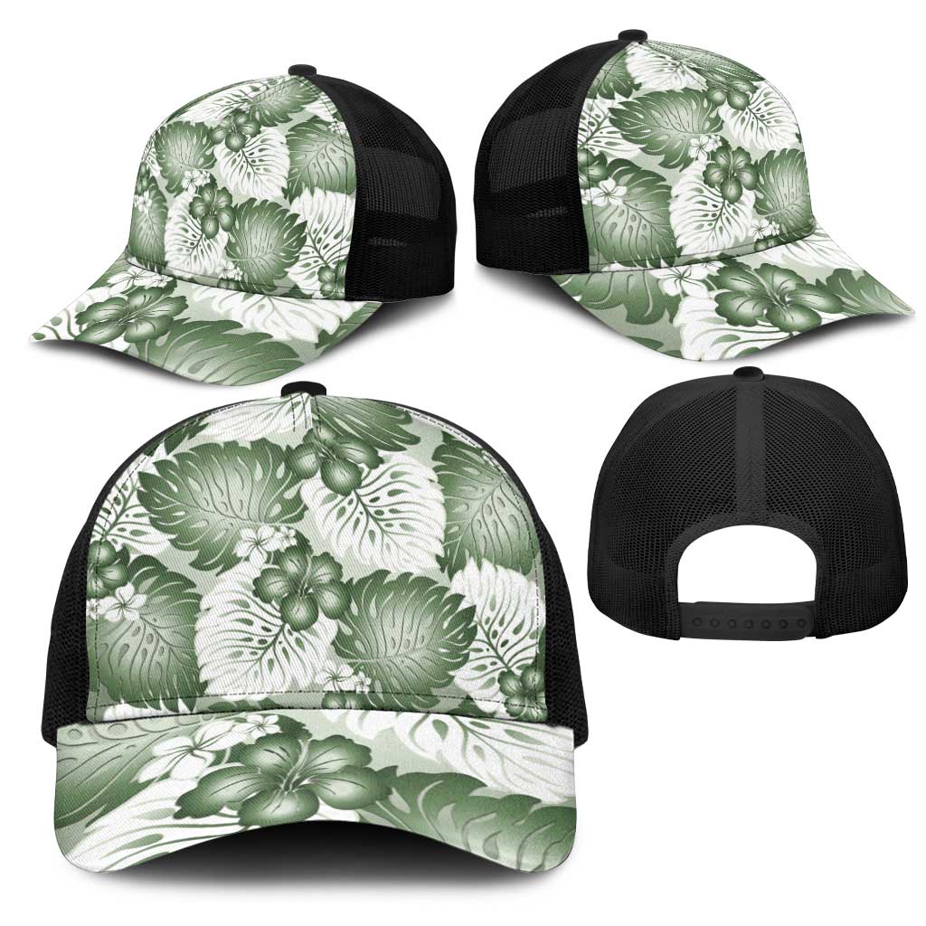 Sage Green Aloha Hawaii Mesh Trucker Cap Monstera Hibiscus Plumeria Seamless Vibes - Polynesian Pride