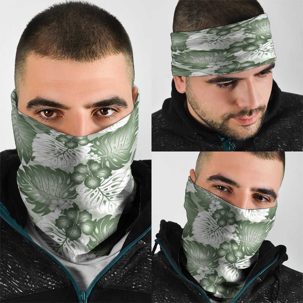 Sage Green Aloha Hawaii Neck Gaiter Monstera Hibiscus Plumeria Seamless Vibes LT14