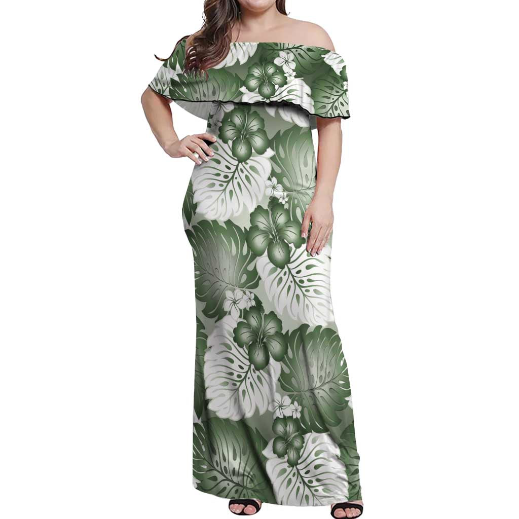 Sage Green Aloha Hawaii Off Shoulder Maxi Dress Monstera Hibiscus Plumeria Seamless Vibes LT14 Women Sage Green - Polynesian Pride