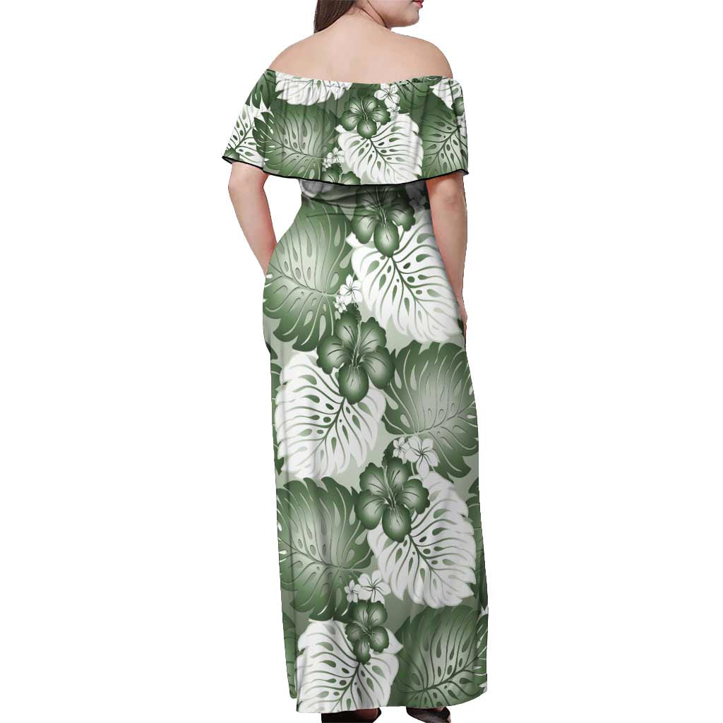 Sage Green Aloha Hawaii Off Shoulder Maxi Dress Monstera Hibiscus Plumeria Seamless Vibes LT14 - Polynesian Pride