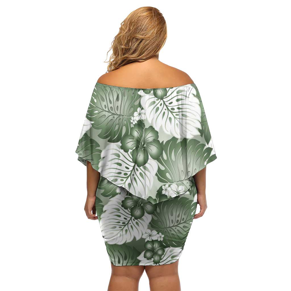 Sage Green Aloha Hawaii Off Shoulder Short Dress Monstera Hibiscus Plumeria Seamless Vibes LT14 - Polynesian Pride