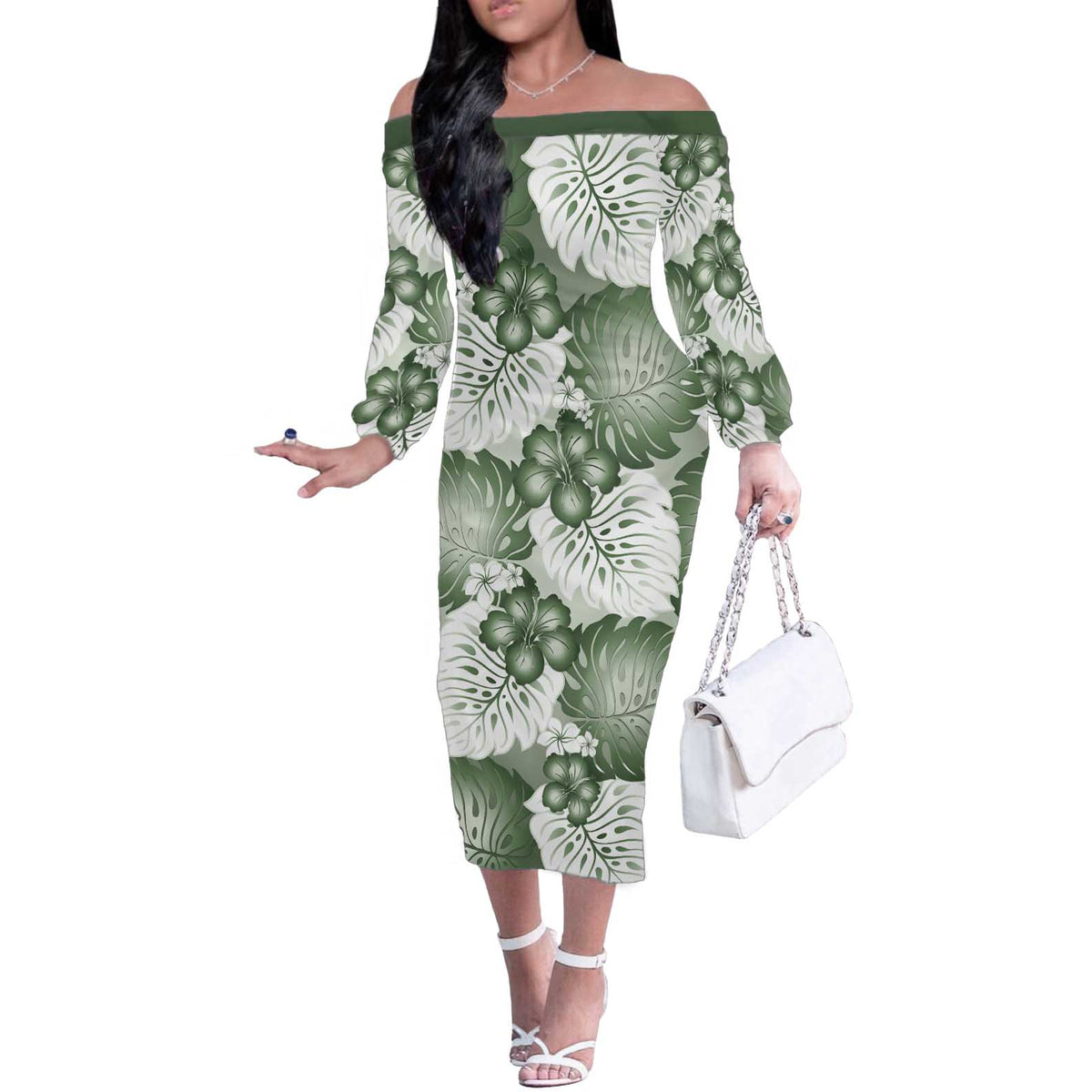 Sage Green Aloha Hawaii Off The Shoulder Long Sleeve Dress Monstera Hibiscus Plumeria Seamless Vibes LT14 Women Sage Green - Polynesian Pride
