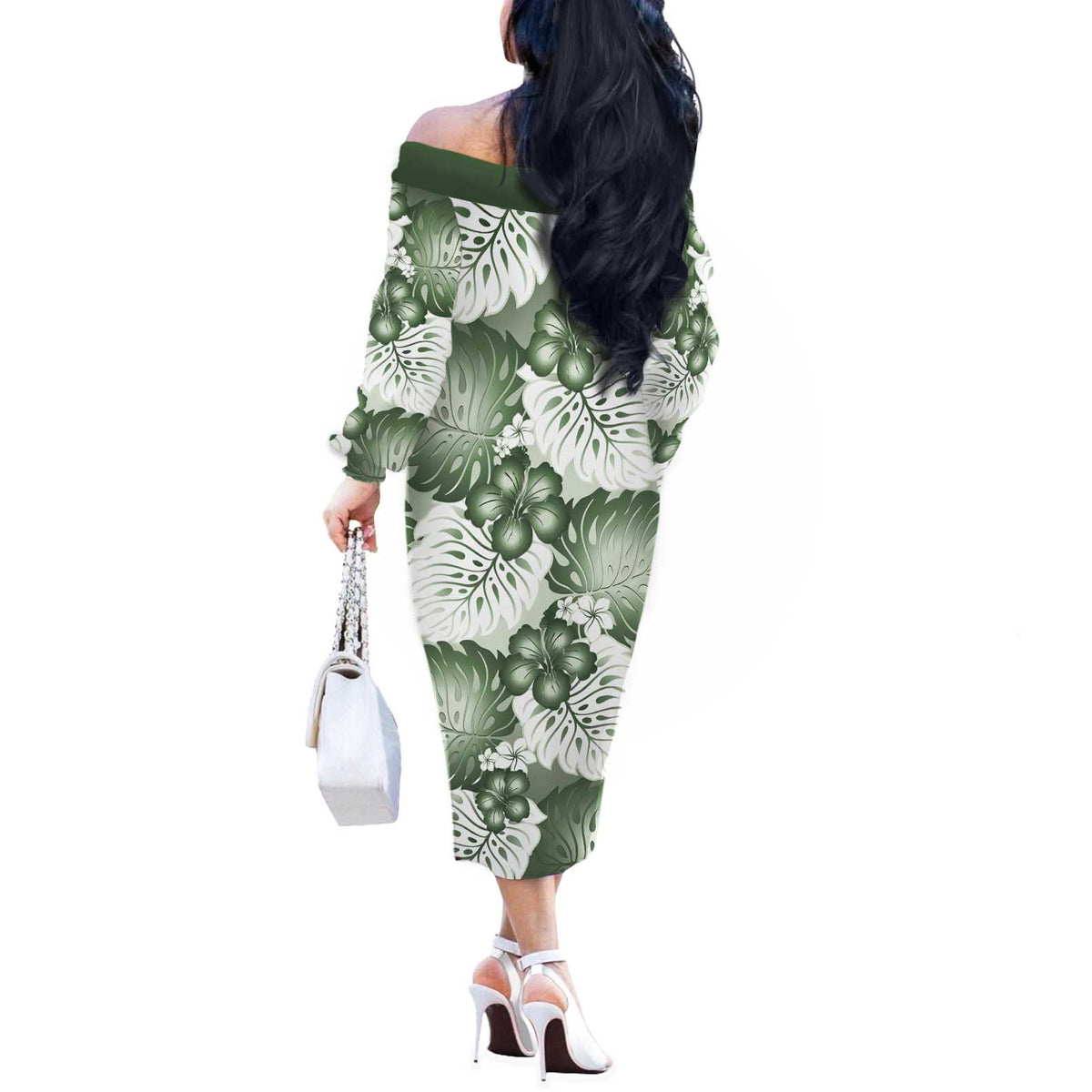 Sage Green Aloha Hawaii Off The Shoulder Long Sleeve Dress Monstera Hibiscus Plumeria Seamless Vibes LT14 - Polynesian Pride