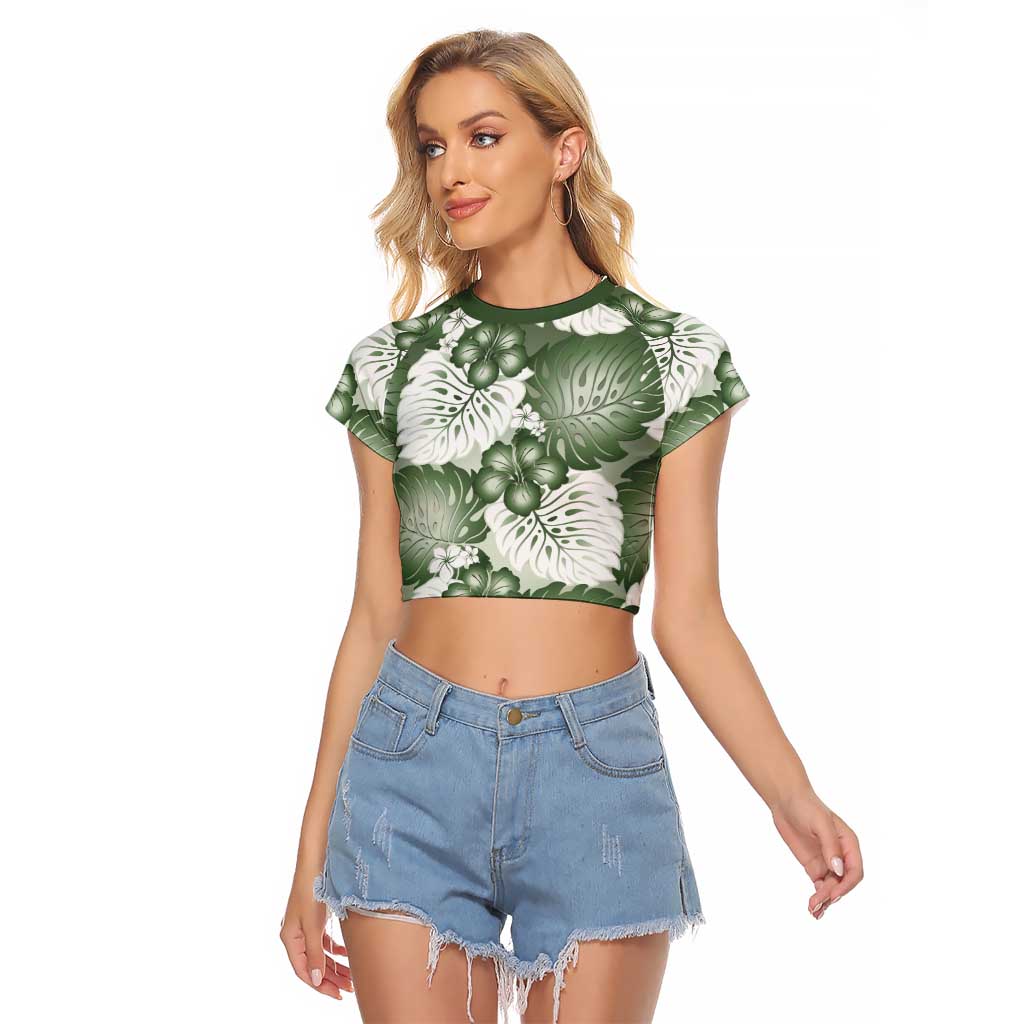 Sage Green Aloha Hawaii Raglan Cropped T Shirt Monstera Hibiscus Plumeria Seamless Vibes LT14 Female Sage Green - Polynesian Pride