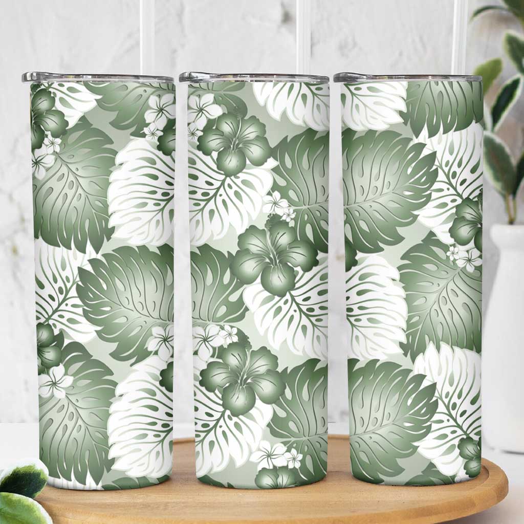 Sage Green Aloha Hawaii Skinny Tumbler Monstera Hibiscus Plumeria Seamless Vibes LT14 - Polynesian Pride