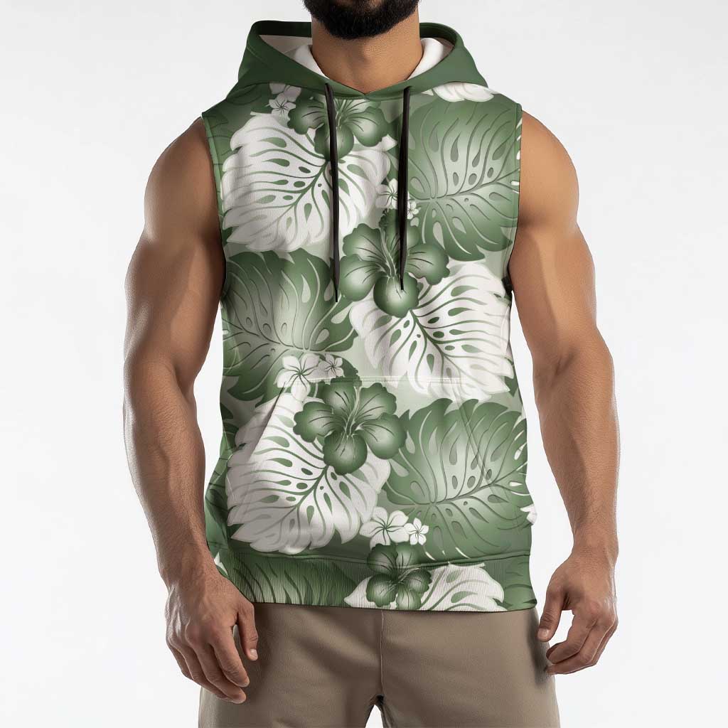 Sage Green Aloha Hawaii Sleeveless Hoodie Monstera Hibiscus Plumeria Seamless Vibes LT14 - Polynesian Pride