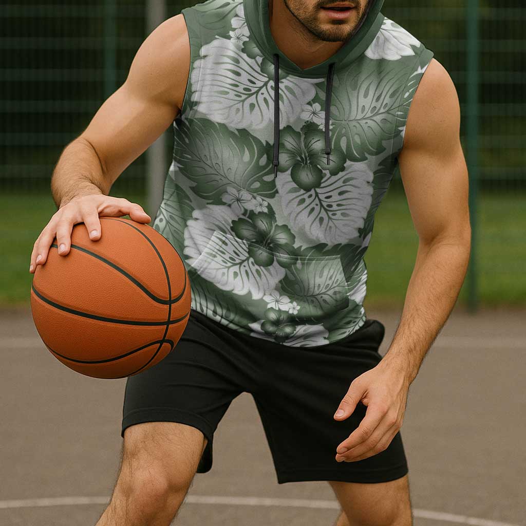 Sage Green Aloha Hawaii Sleeveless Hoodie Monstera Hibiscus Plumeria Seamless Vibes LT14 - Polynesian Pride