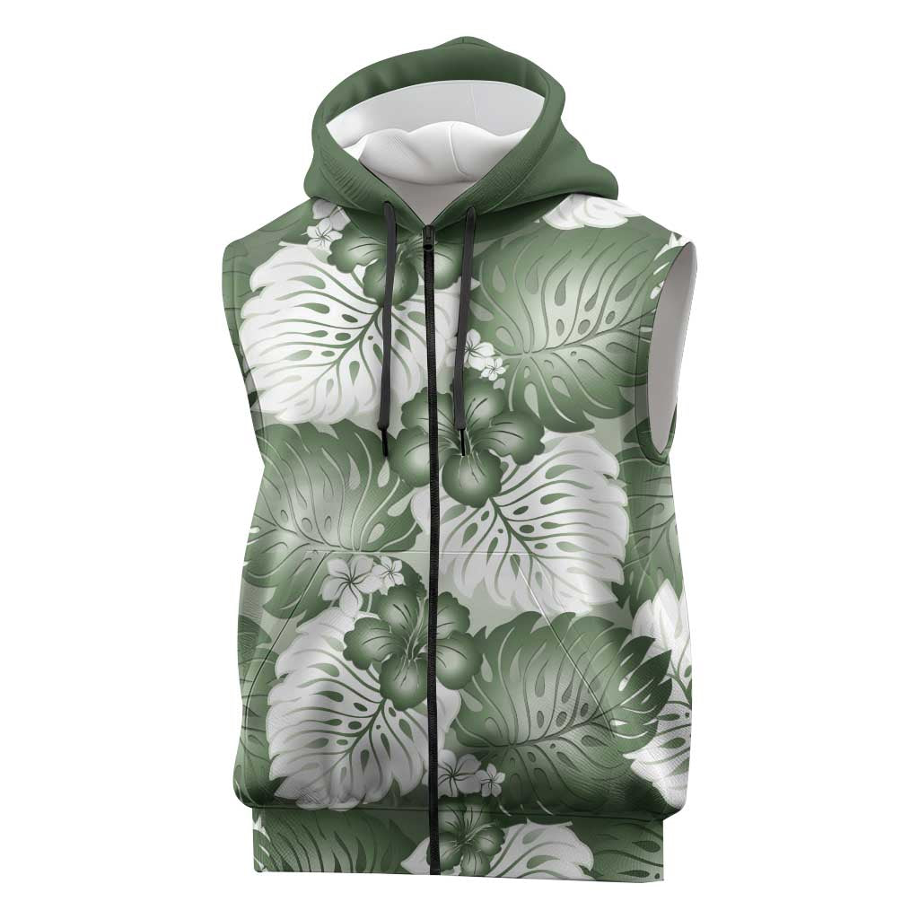 Sage Green Aloha Hawaii Sleeveless Zip Hoodie Monstera Hibiscus Plumeria Seamless Vibes LT14 Sage Green - Polynesian Pride