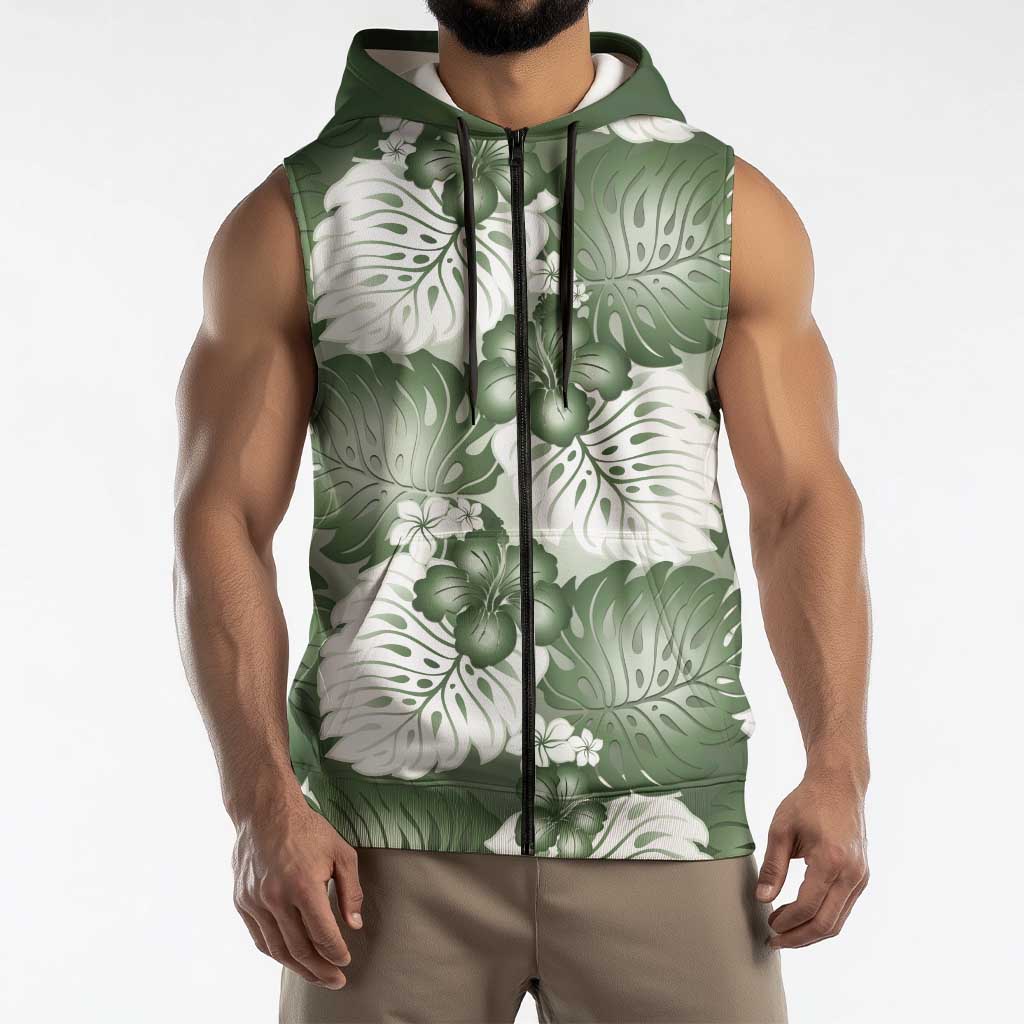 Sage Green Aloha Hawaii Sleeveless Zip Hoodie Monstera Hibiscus Plumeria Seamless Vibes LT14 - Polynesian Pride
