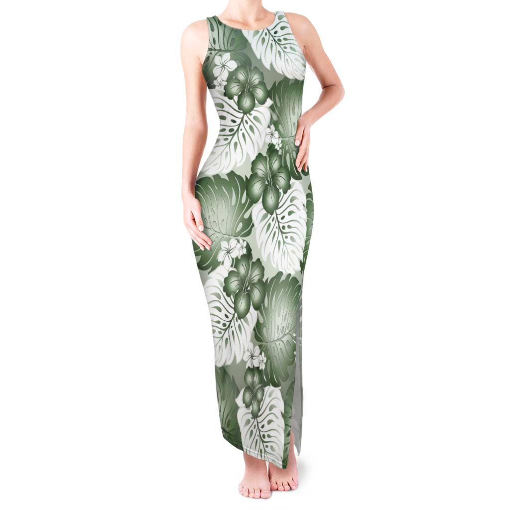 Sage Green Aloha Hawaii Tank Maxi Dress Monstera Hibiscus Plumeria Seamless Vibes LT14 Women Sage Green - Polynesian Pride