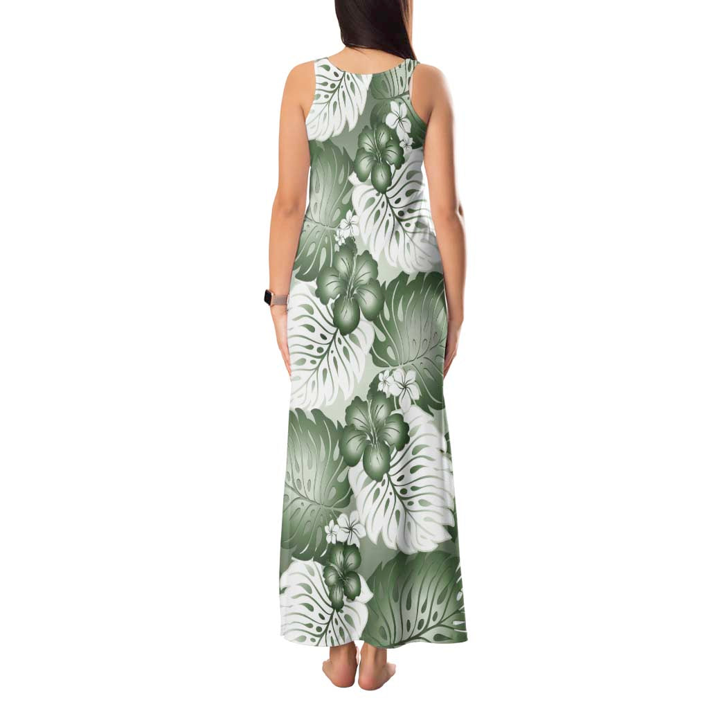 Sage Green Aloha Hawaii Tank Maxi Dress Monstera Hibiscus Plumeria Seamless Vibes LT14 - Polynesian Pride