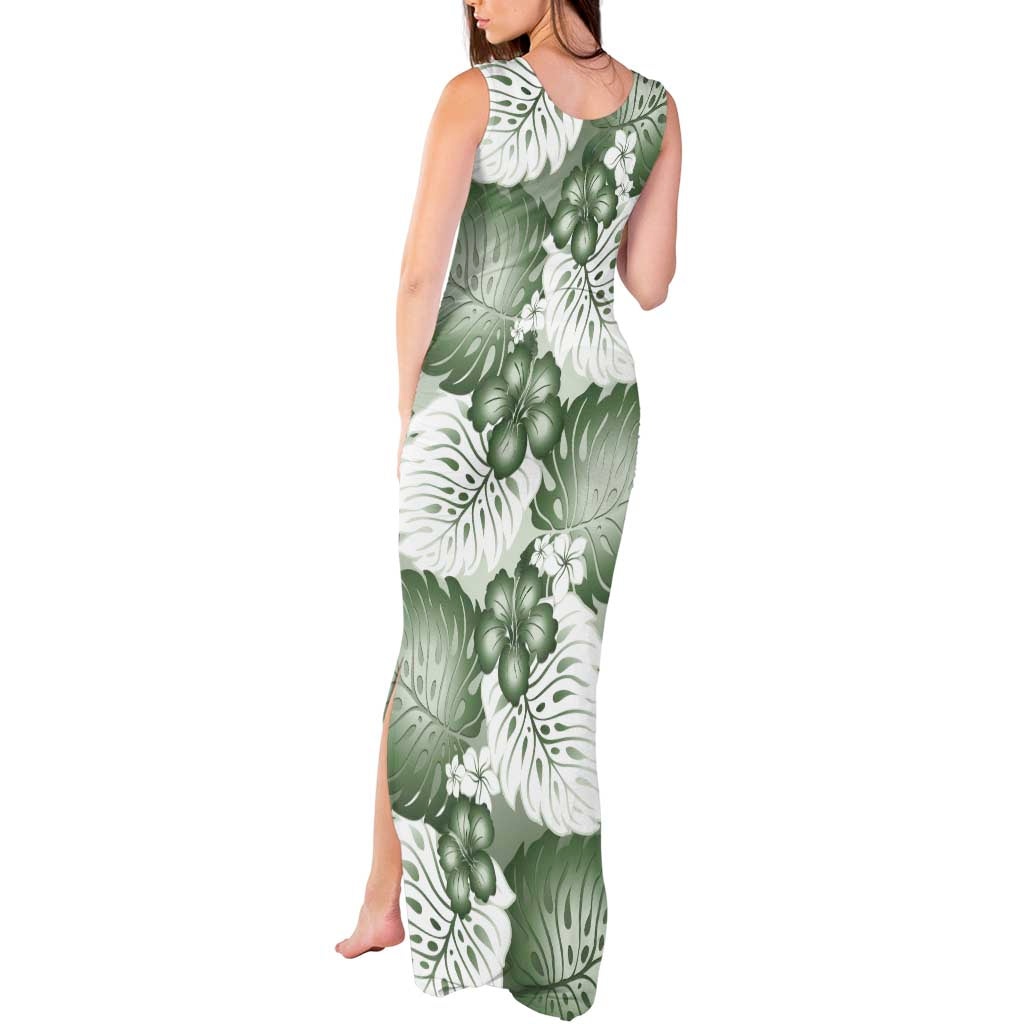 Sage Green Aloha Hawaii Tank Maxi Dress Monstera Hibiscus Plumeria Seamless Vibes LT14 - Polynesian Pride