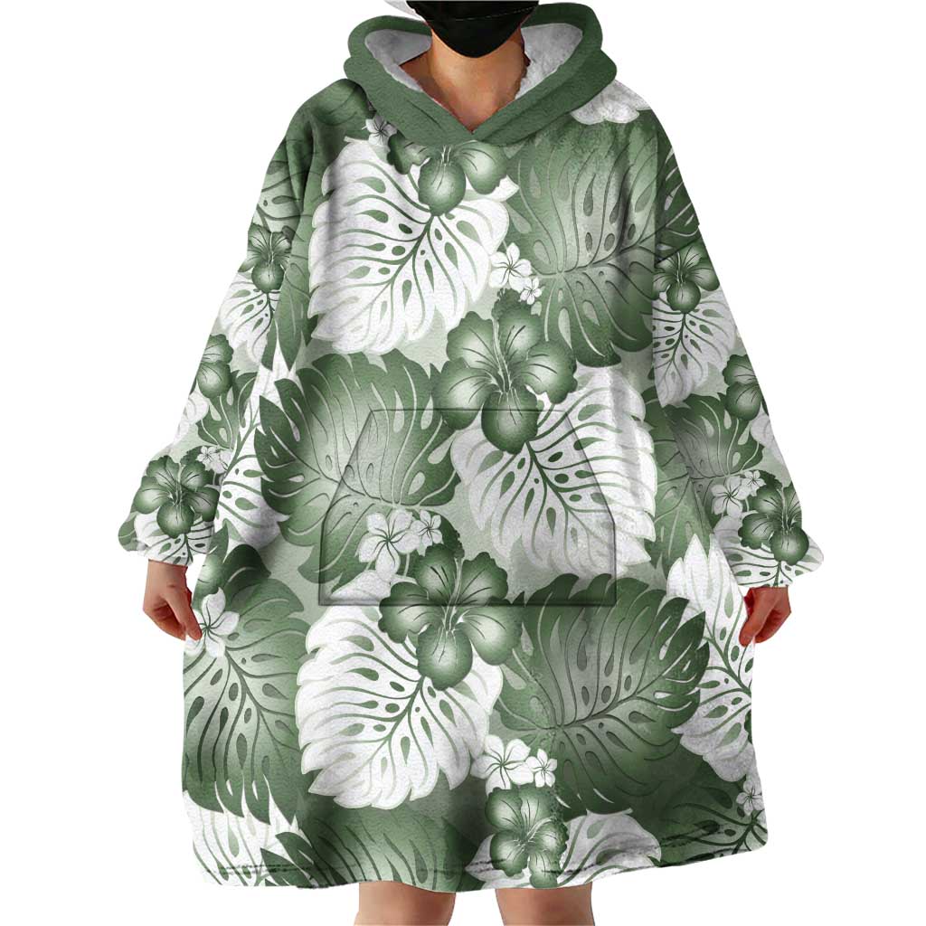 Sage Green Aloha Hawaii Wearable Blanket Hoodie Monstera Hibiscus Plumeria Seamless Vibes LT14 - Polynesian Pride