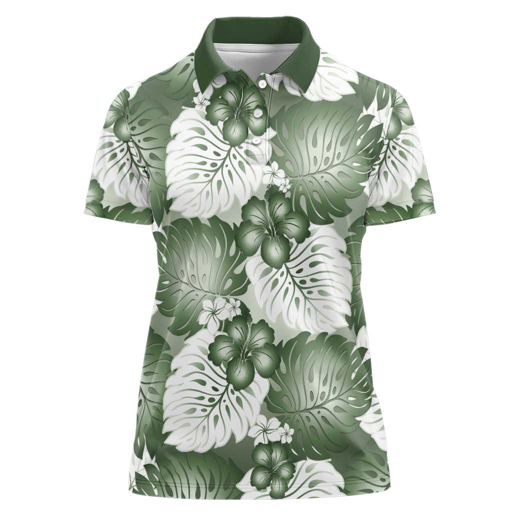 Sage Green Aloha Hawaii Women Polo Shirt Monstera Hibiscus Plumeria Seamless Vibes - Polynesian Pride