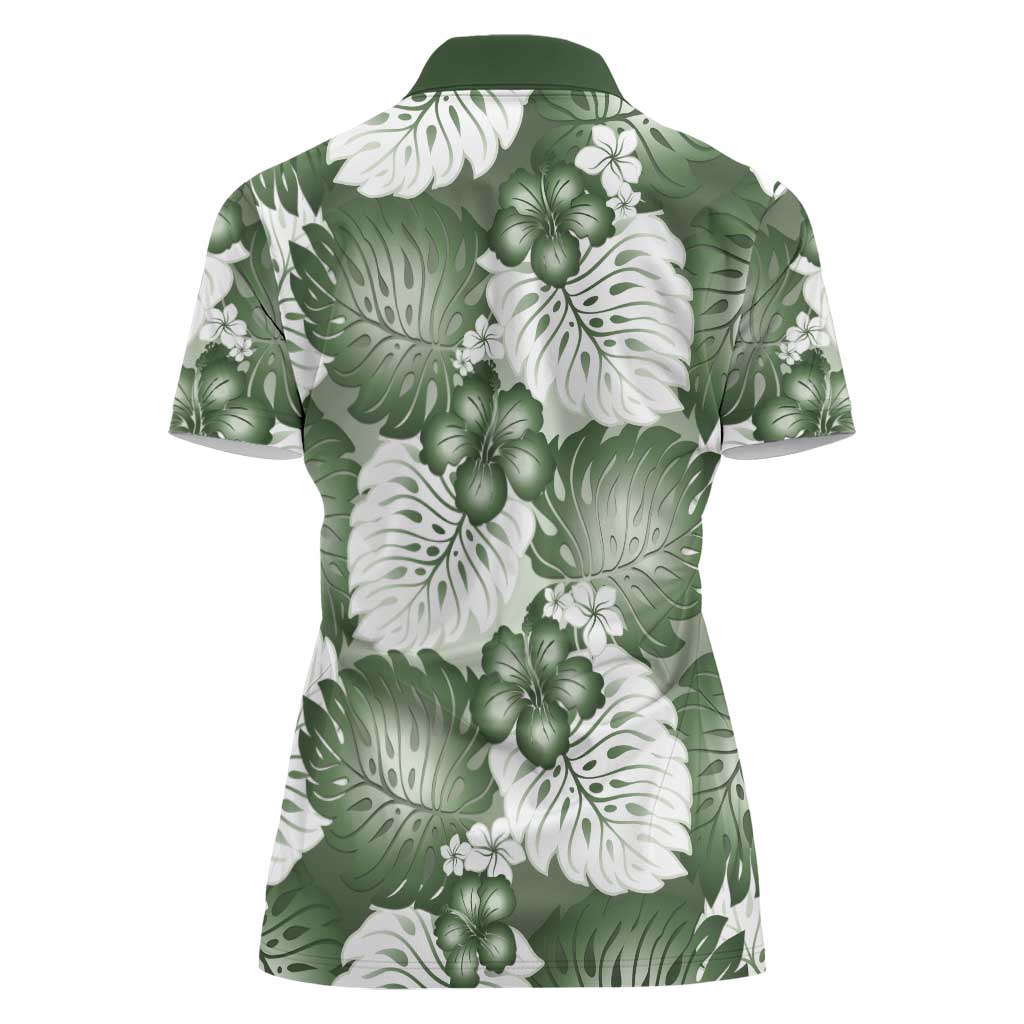Sage Green Aloha Hawaii Women Polo Shirt Monstera Hibiscus Plumeria Seamless Vibes - Polynesian Pride