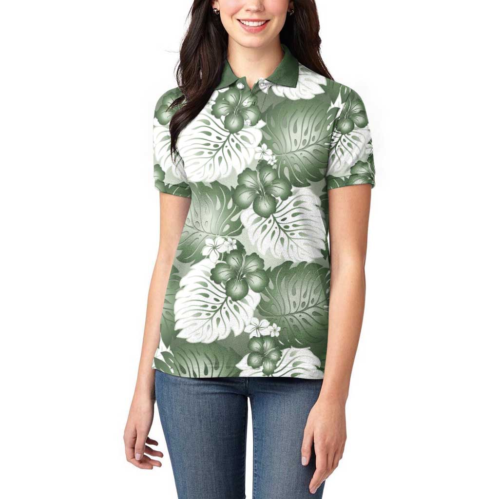Sage Green Aloha Hawaii Women Polo Shirt Monstera Hibiscus Plumeria Seamless Vibes - Polynesian Pride