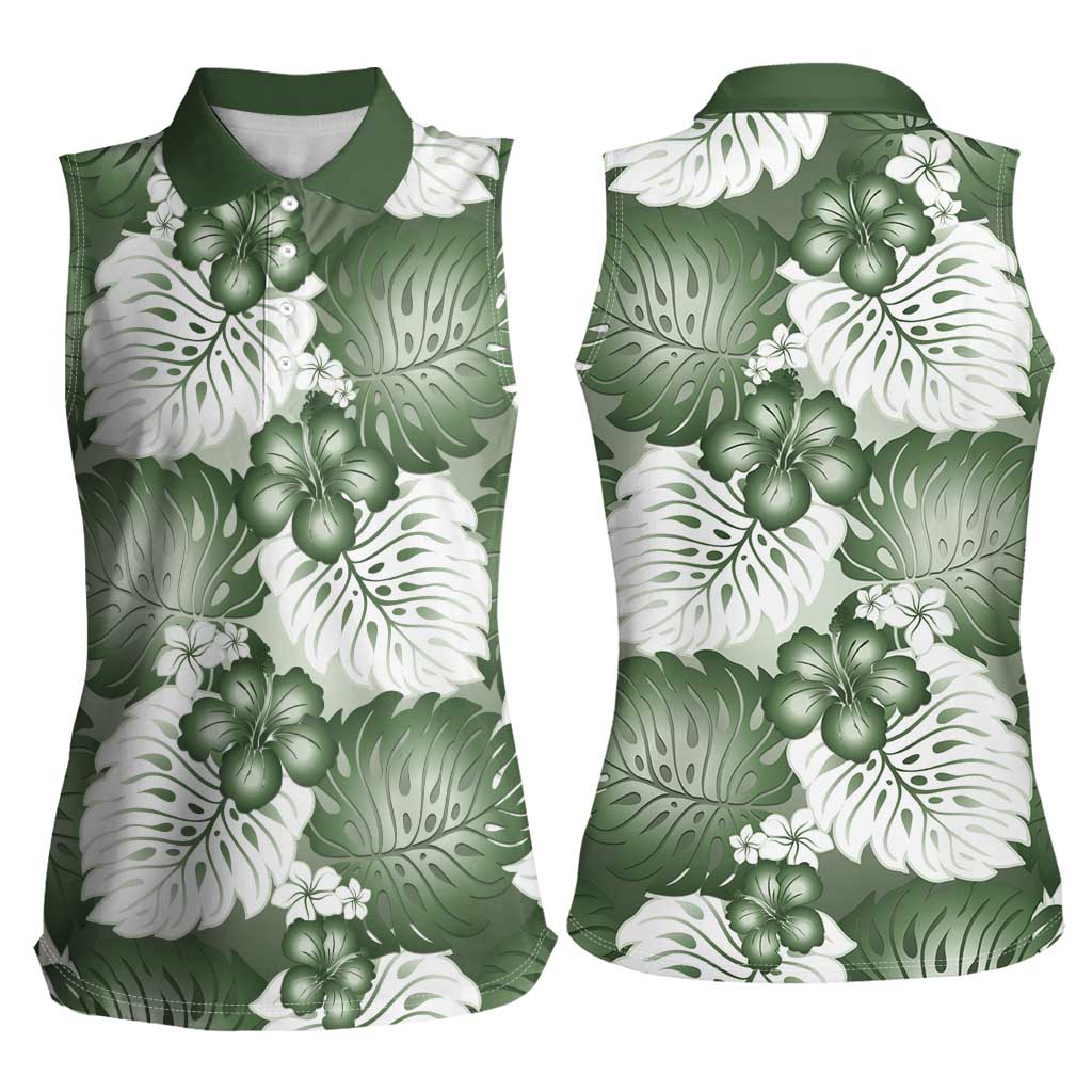 Sage Green Aloha Hawaii Women Sleeveless Polo Shirt Monstera Hibiscus Plumeria Seamless Vibes LT14 - Polynesian Pride