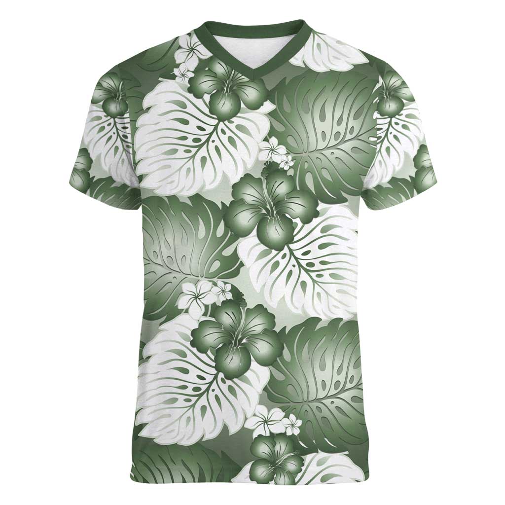 Sage Green Aloha Hawaii Women V-Neck T-Shirt Monstera Hibiscus Plumeria Seamless Vibes LT14 Female Sage Green - Polynesian Pride