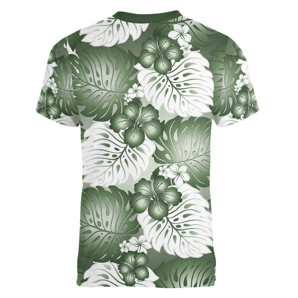Sage Green Aloha Hawaii Women V-Neck T-Shirt Monstera Hibiscus Plumeria Seamless Vibes LT14 - Polynesian Pride