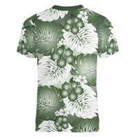 Sage Green Aloha Hawaii Women V-Neck T-Shirt Monstera Hibiscus Plumeria Seamless Vibes LT14 - Polynesian Pride