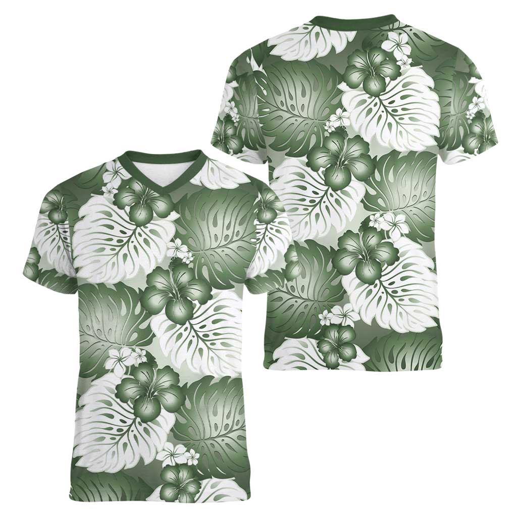 Sage Green Aloha Hawaii Women V-Neck T-Shirt Monstera Hibiscus Plumeria Seamless Vibes LT14 - Polynesian Pride