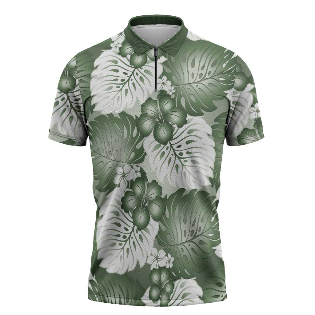 Sage Green Aloha Hawaii Zipper Polo Shirt Monstera Hibiscus Plumeria Seamless Vibes LT14 Sage Green - Polynesian Pride