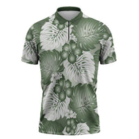 Sage Green Aloha Hawaii Zipper Polo Shirt Monstera Hibiscus Plumeria Seamless Vibes LT14 Sage Green - Polynesian Pride