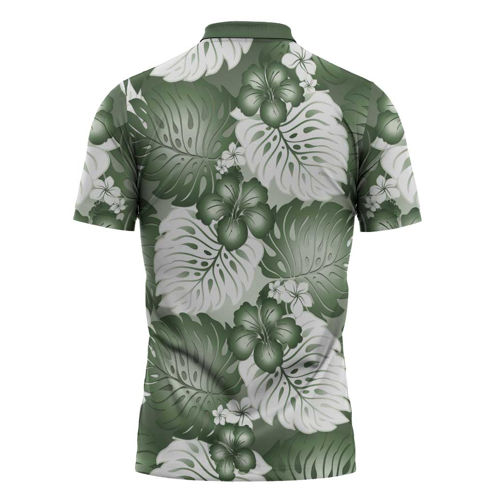 Sage Green Aloha Hawaii Zipper Polo Shirt Monstera Hibiscus Plumeria Seamless Vibes LT14 - Polynesian Pride