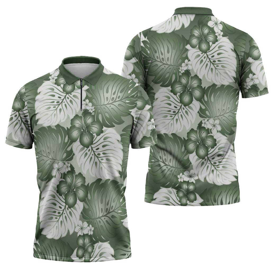 Sage Green Aloha Hawaii Zipper Polo Shirt Monstera Hibiscus Plumeria Seamless Vibes LT14 - Polynesian Pride