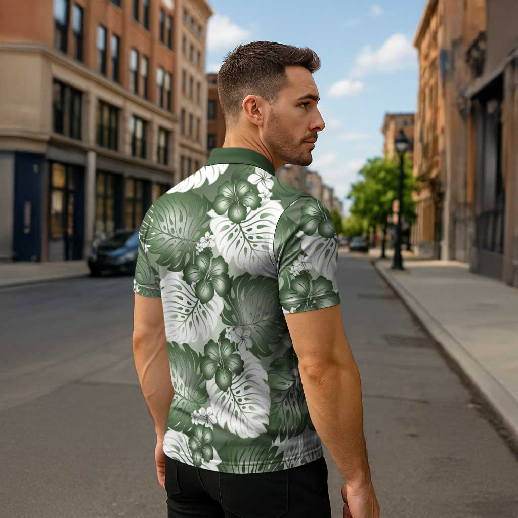 Sage Green Aloha Hawaii Zipper Polo Shirt Monstera Hibiscus Plumeria Seamless Vibes LT14 - Polynesian Pride