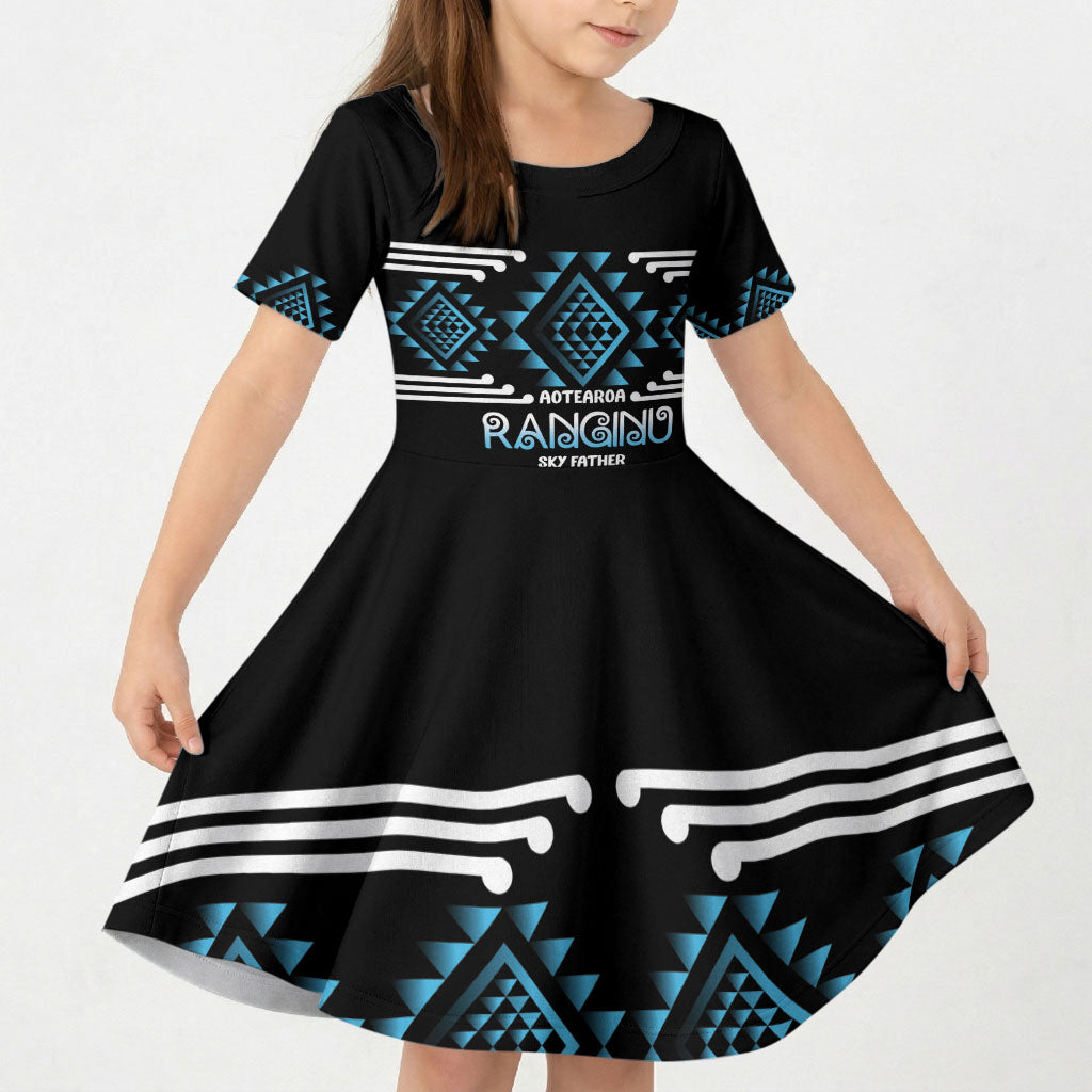 Aotearoa Atua Ranginui Personalised Kid Short Sleeve Dress Maori Sky Father Taniko Motifs LT14 KID Blue - Polynesian Pride