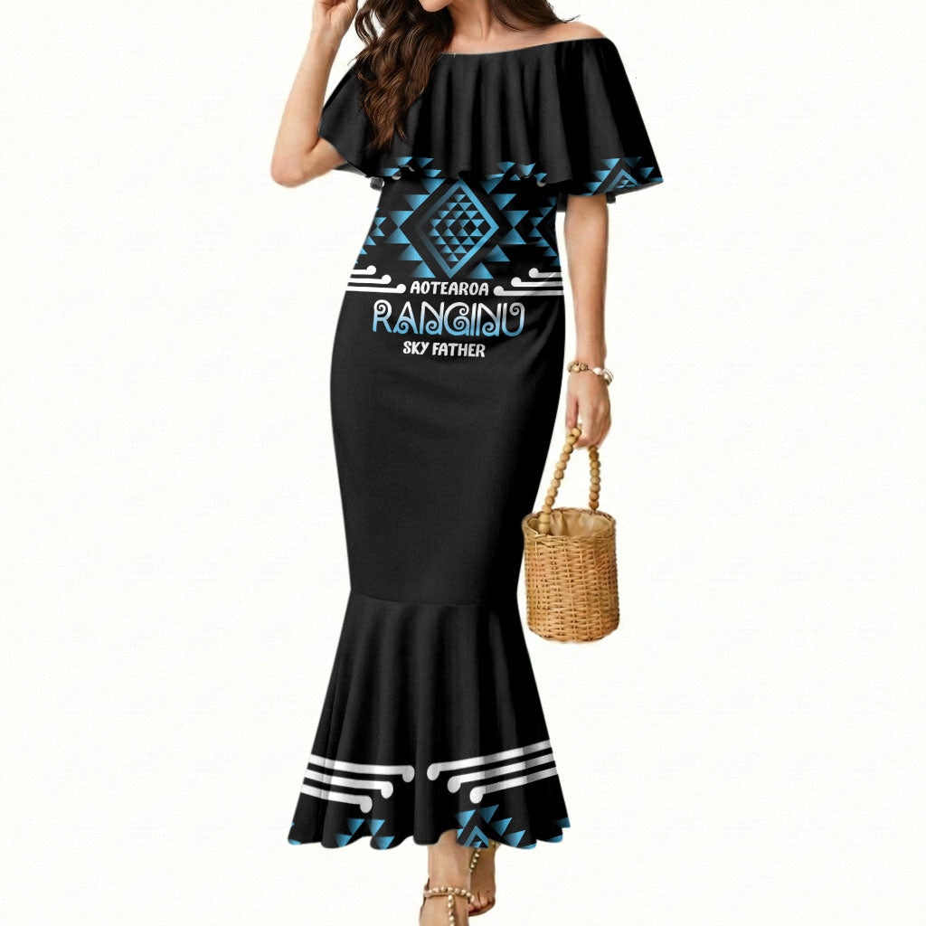 Aotearoa Atua Ranginui Personalised Mermaid Dress Maori Sky Father Taniko Motifs LT14 Women Blue - Polynesian Pride