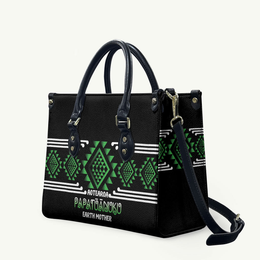 Aotearoa Atua Papatuanuku Leather Bag Maori Earth Mother Taniko Motifs LT14 Green - Polynesian Pride