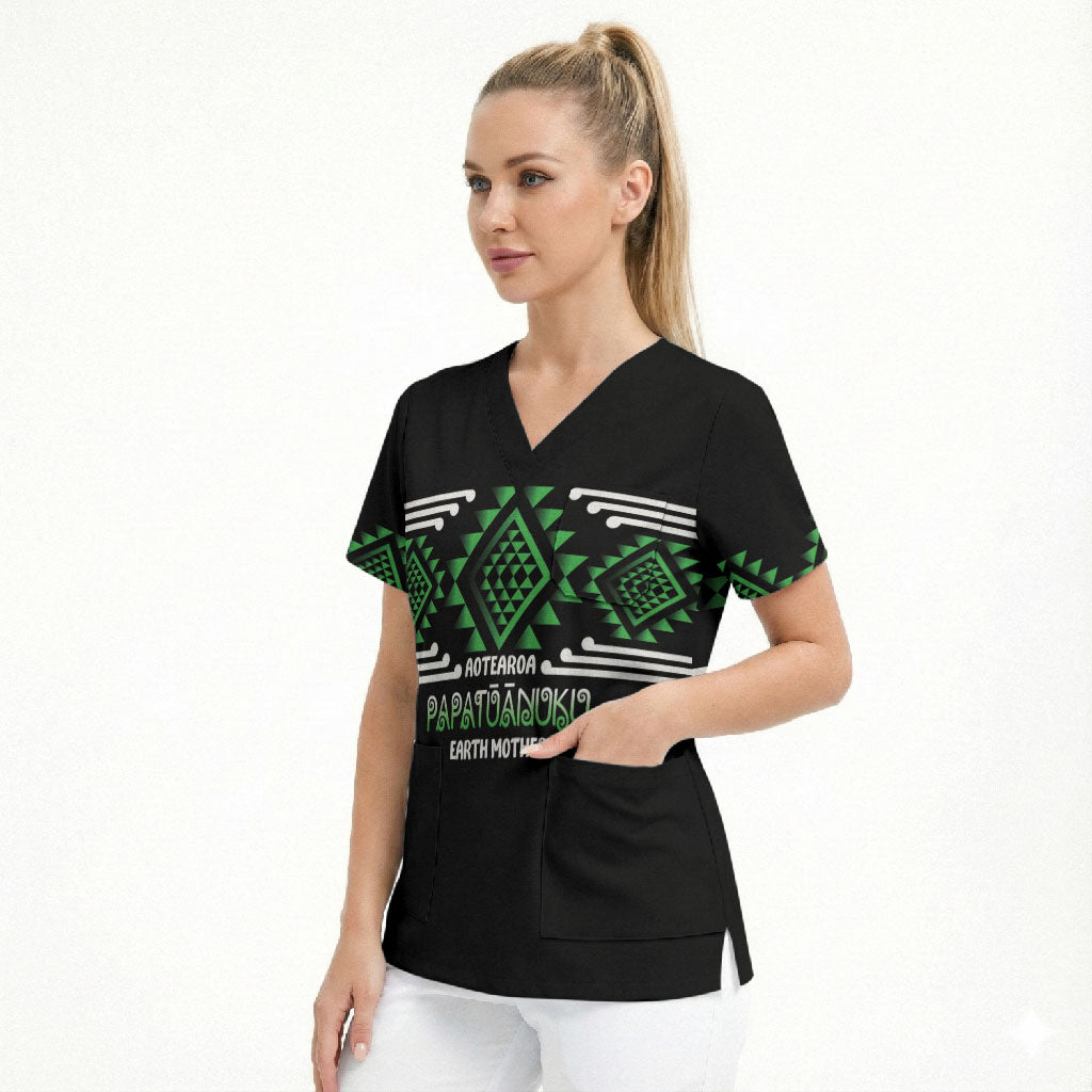 Aotearoa Atua Papatuanuku Personalised Scrub Top Maori Earth Mother Taniko Motifs LT14 - Polynesian Pride