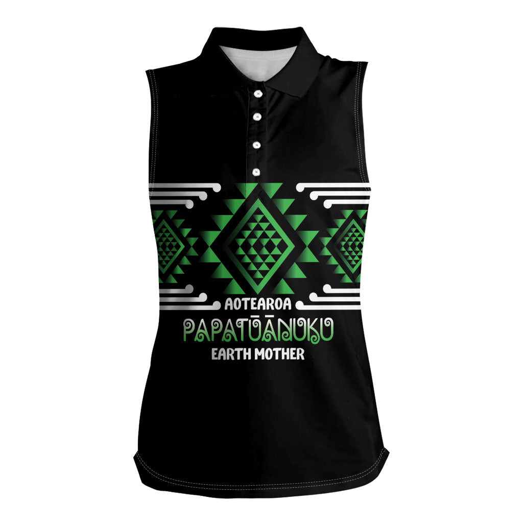 Aotearoa Atua Papatuanuku Personalised Women Sleeveless Polo Shirt Maori Earth Mother Taniko Motifs LT14 Female Green - Polynesian Pride