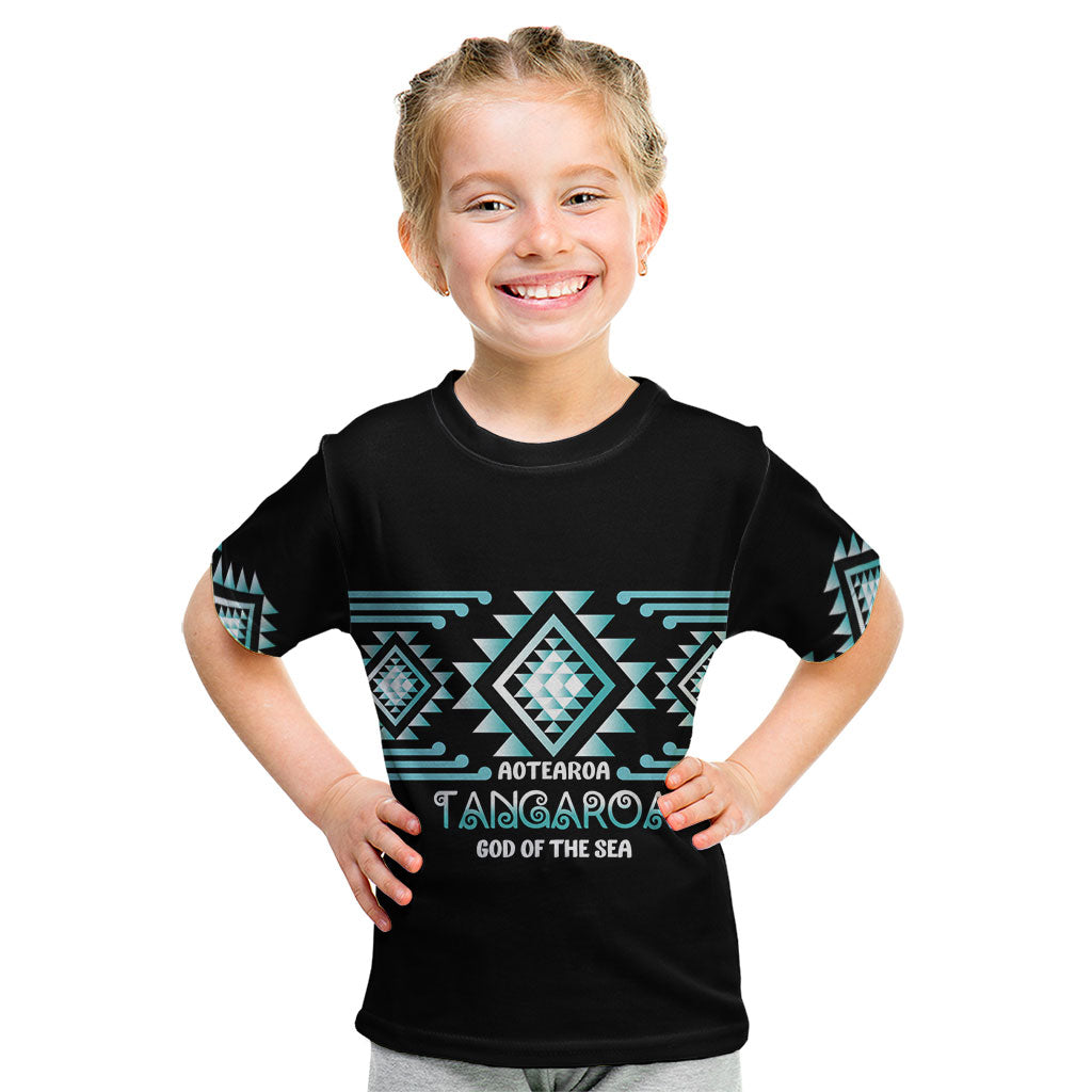 Aotearoa Atua Tangaroa Personalised Kid T Shirt Maori God Of The Sea Taniko Motifs LT14 Turquoise - Polynesian Pride