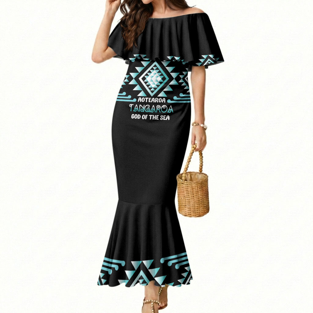 Aotearoa Atua Tangaroa Personalised Mermaid Dress Maori God Of The Sea Taniko Motifs LT14 Women Turquoise - Polynesian Pride