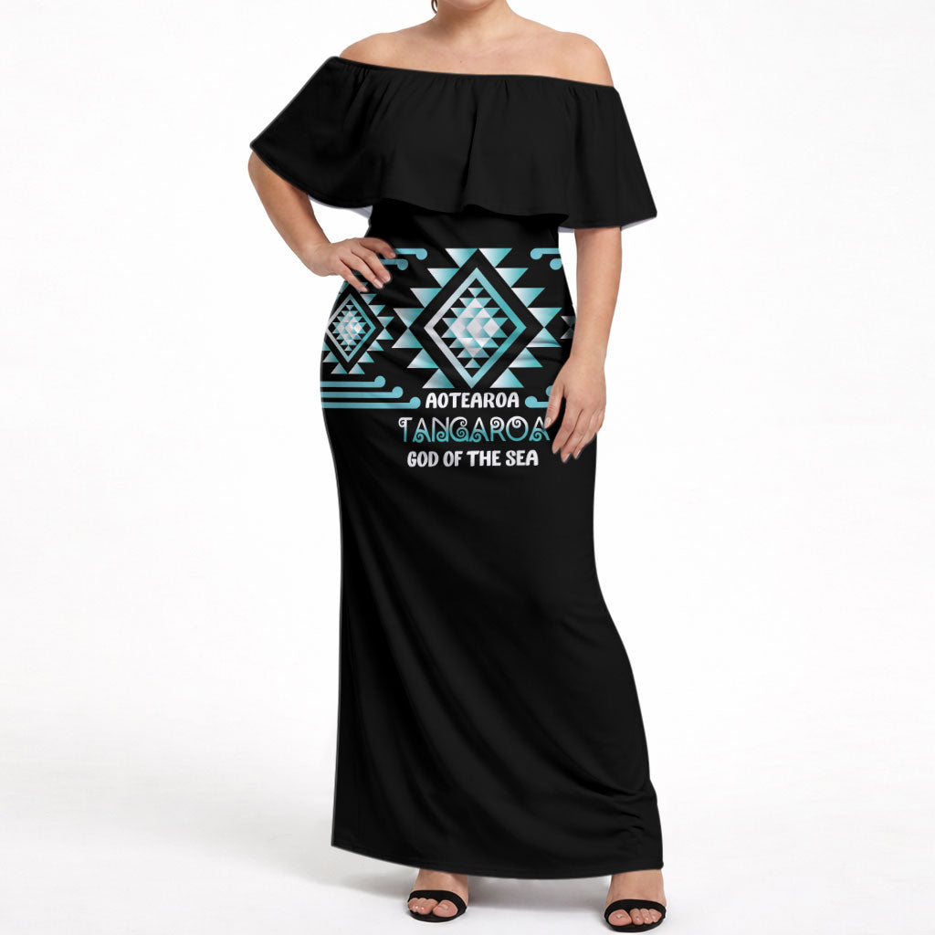 Aotearoa Atua Tangaroa Personalised Off Shoulder Maxi Dress Maori God Of The Sea Taniko Motifs LT14 Women Turquoise - Polynesian Pride