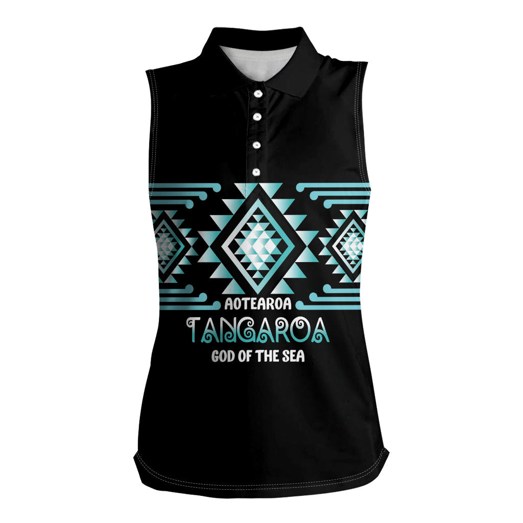 Aotearoa Atua Tangaroa Personalised Women Sleeveless Polo Shirt Maori God Of The Sea Taniko Motifs LT14 Female Turquoise - Polynesian Pride