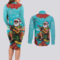 Hawaii Christmas Couples Matching Long Sleeve Bodycon Dress and Long Sleeve Button Shirt Mele Kalikimaka Poinsettia Lei - Cyan